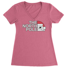 The North Pole Santa Face Ladies V-Neck T-shirt Hot Pink