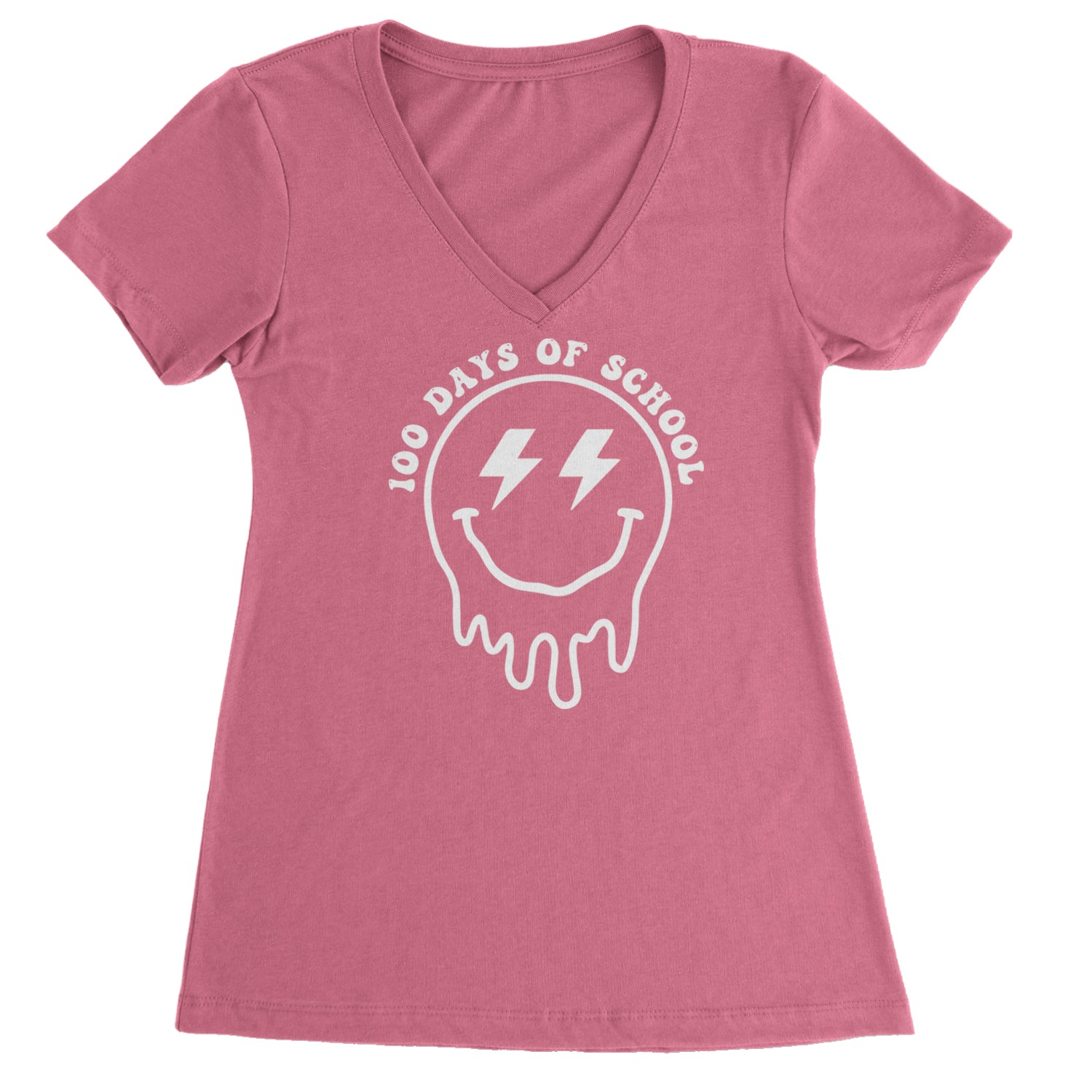 Melting Smile Face 100 Days Of School Ladies V-Neck T-shirt Hot Pink