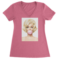 Ms. Monroe Pink Bubble Gum American Icon Ladies V-Neck T-shirt Hot Pink