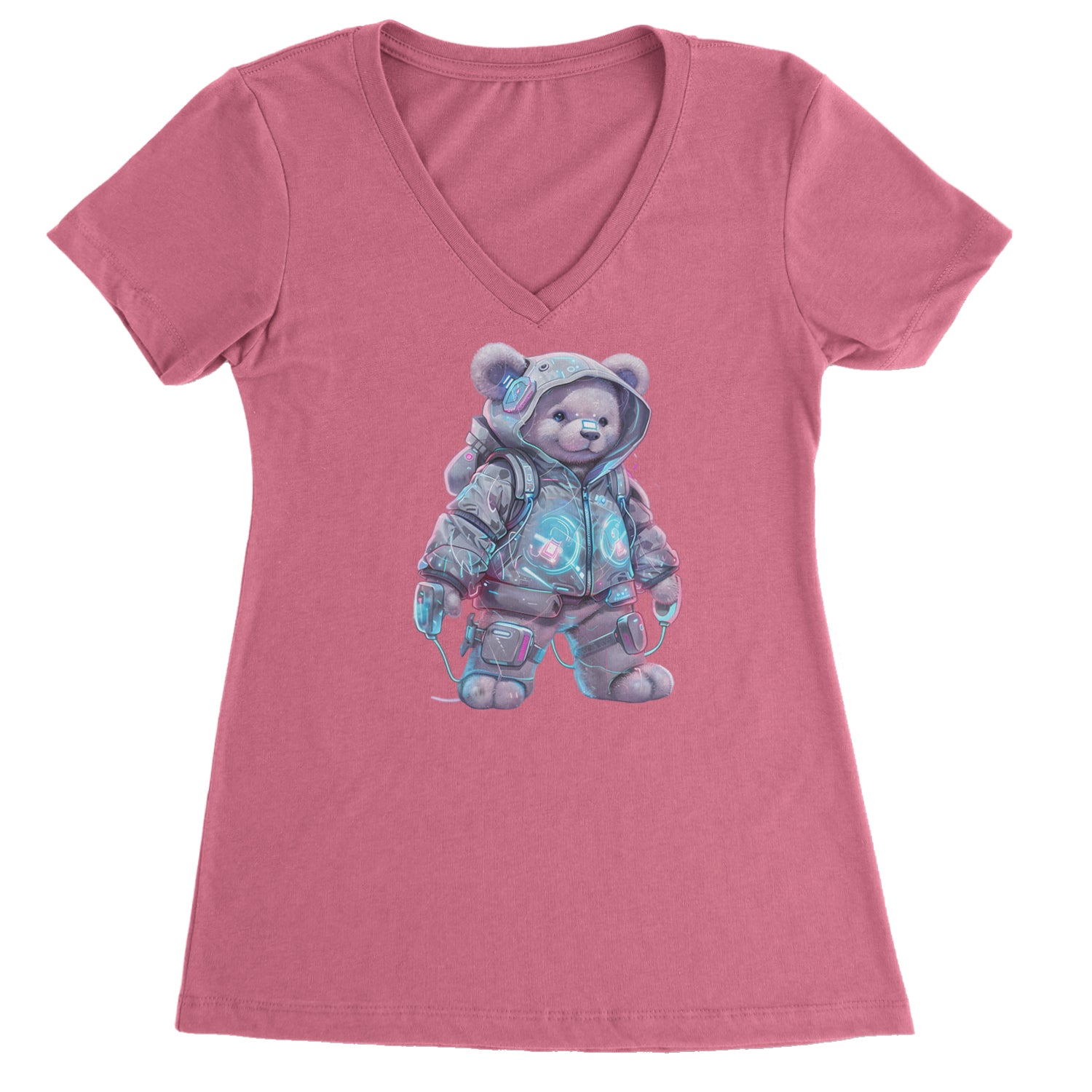 Cyberpunk Adventure Urban Graffiti Bear Ladies V-Neck T-shirt Hot Pink
