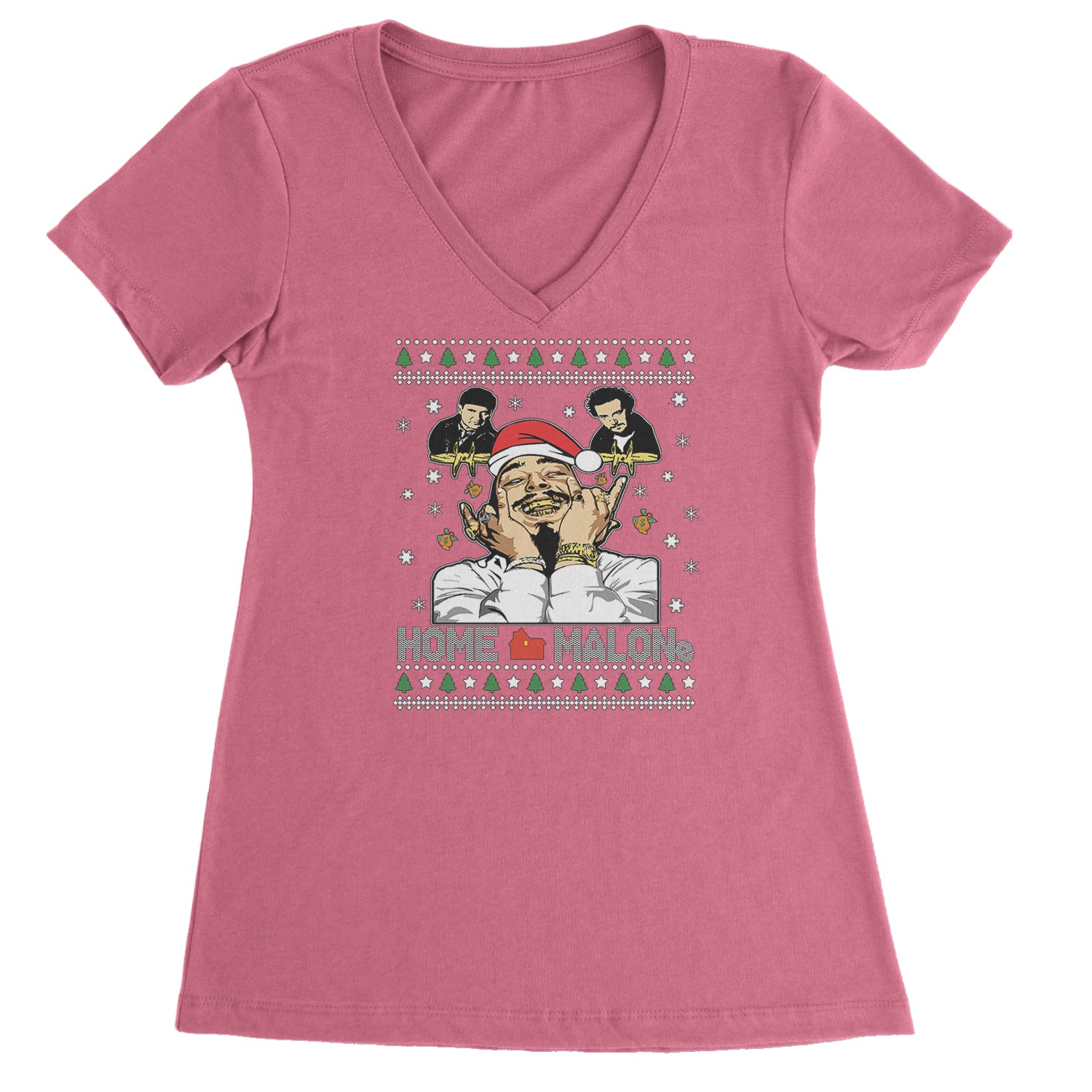 Home Malone Ugly Christmas Ladies V-Neck T-shirt Hot Pink