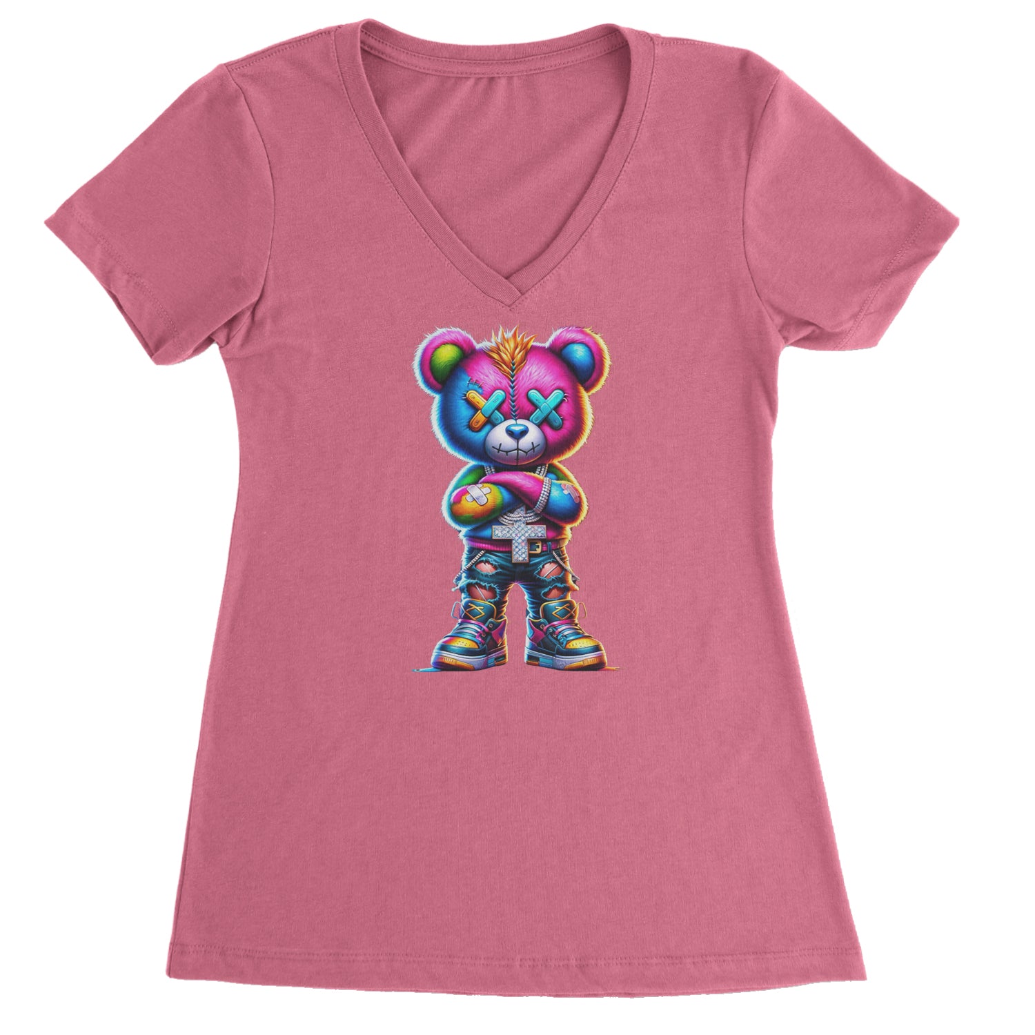 Stitched Neon Urban Graffiti Bear Ladies V-Neck T-shirt Hot Pink