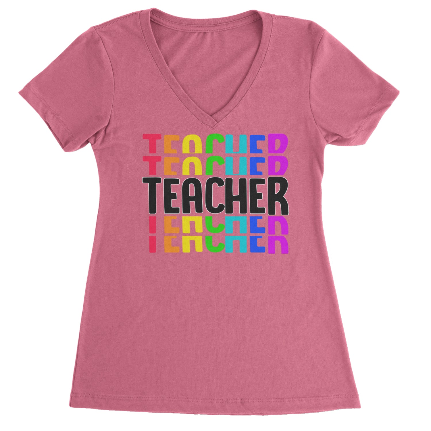 Teacher Repeated Rainbow Pattern Ladies V-Neck T-shirt Hot Pink