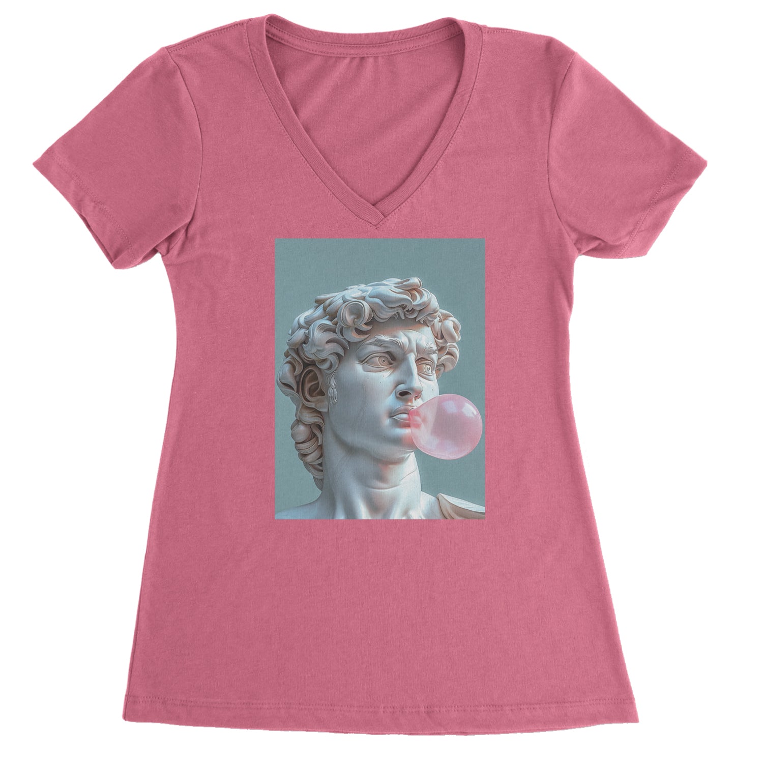 Michelangelo's David with Bubble Gum Contemporary Statue Art Ladies V-Neck T-shirt Hot Pink