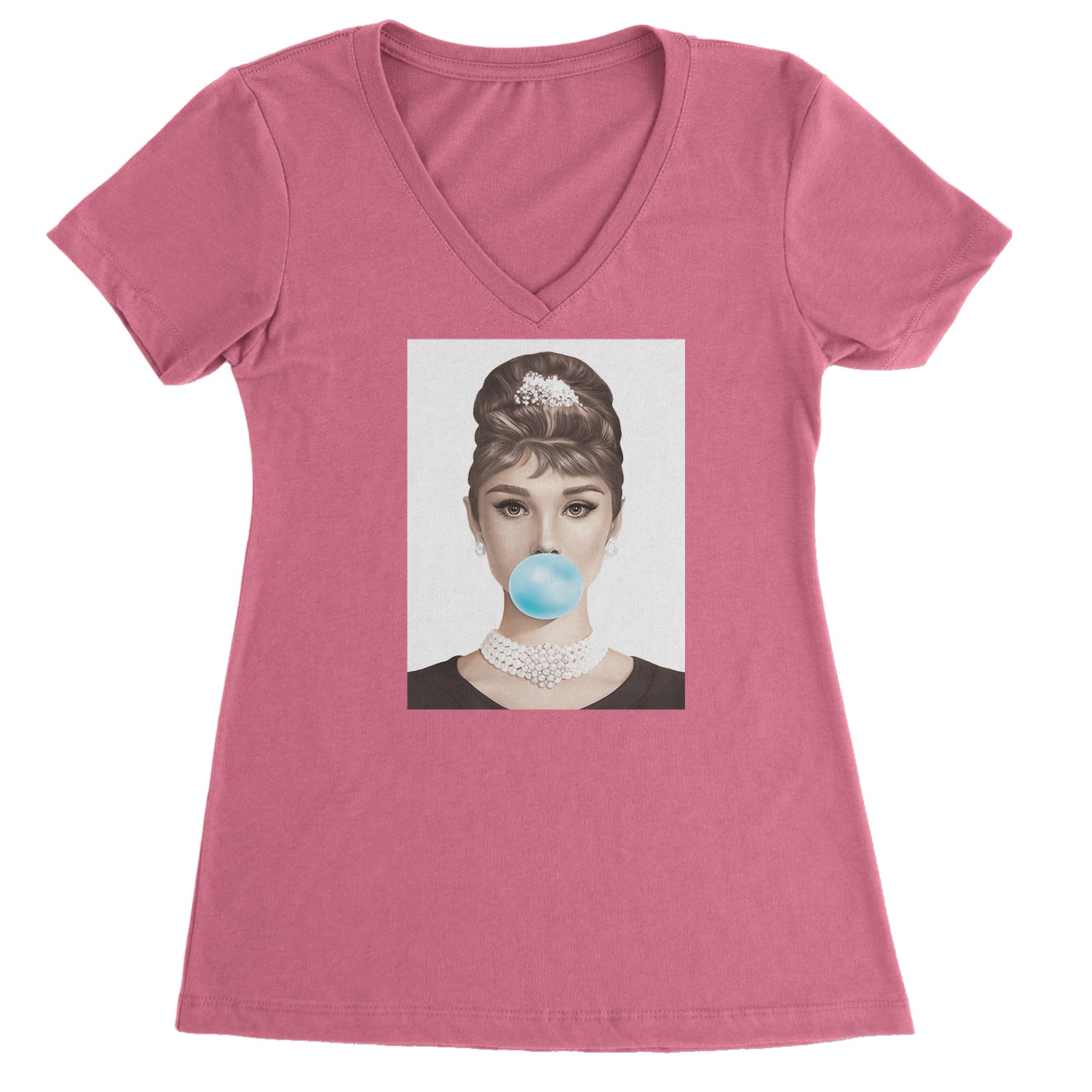 Audrey Hepburn Chewing Bubble Gum American Icon Ladies V-Neck T-shirt Hot Pink