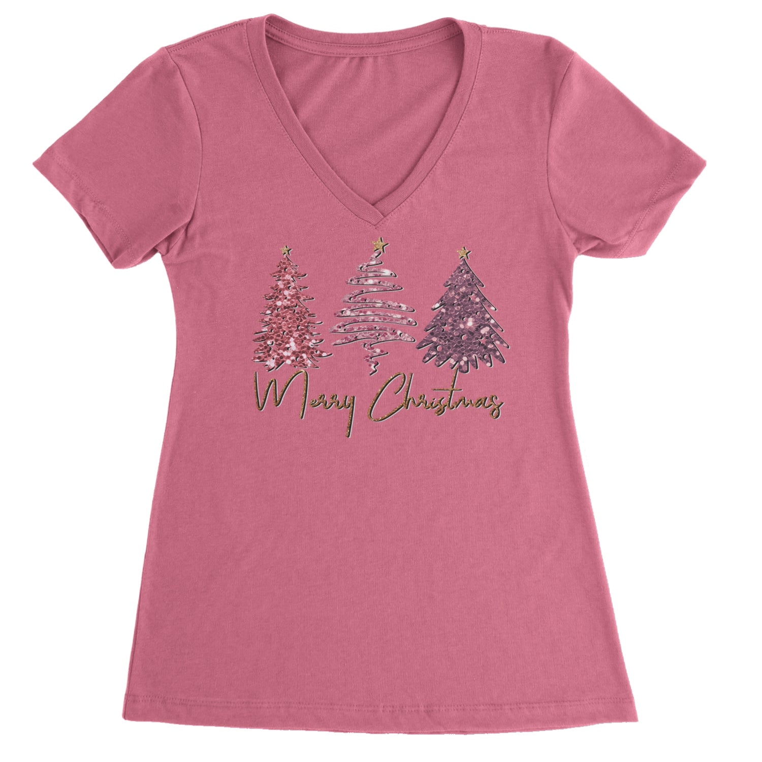 Merry Christmas Faux Glitter Trees Ladies V-Neck T-shirt Hot Pink