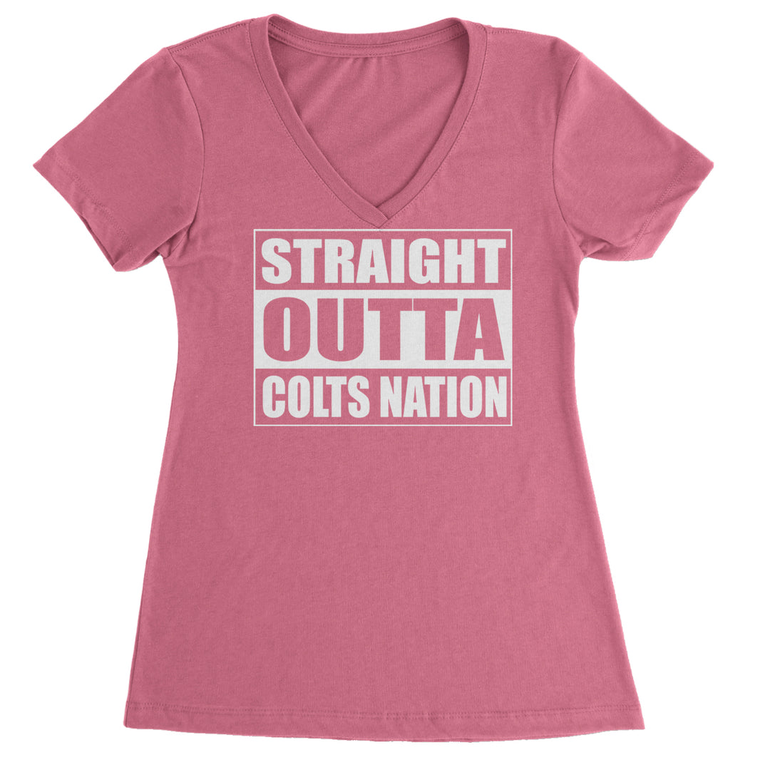 Straight Outta Colts Nation Football  Ladies V-Neck T-shirt Hot Pink