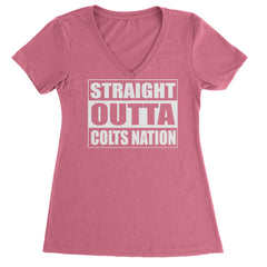 Straight Outta Colts Nation Football  Ladies V-Neck T-shirt Hot Pink