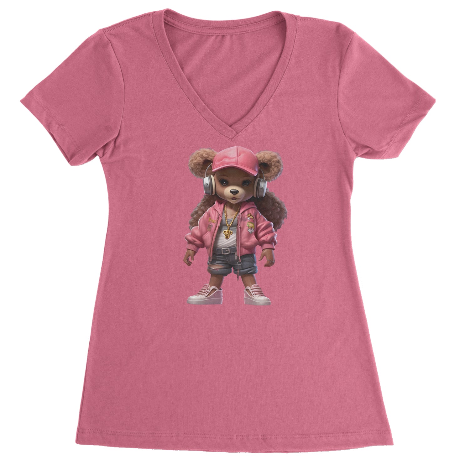 Pink Female Urban Graffiti Bear Ladies V-Neck T-shirt Hot Pink