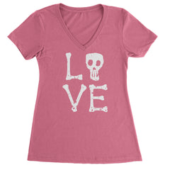 Love Skeleton Bones Ladies V-Neck T-shirt Hot Pink