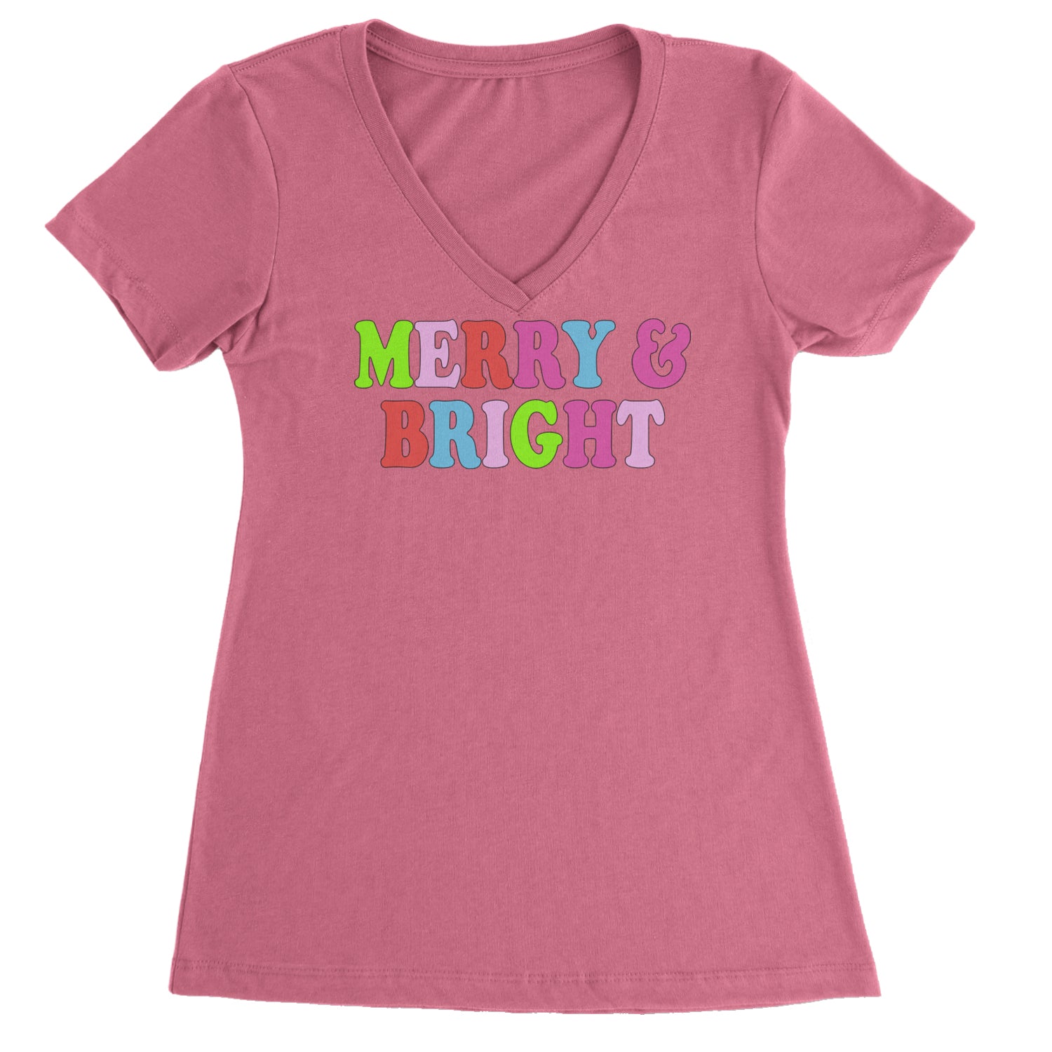 Merry and Bright Festive Christmas Holiday Ladies V-Neck T-shirt Hot Pink