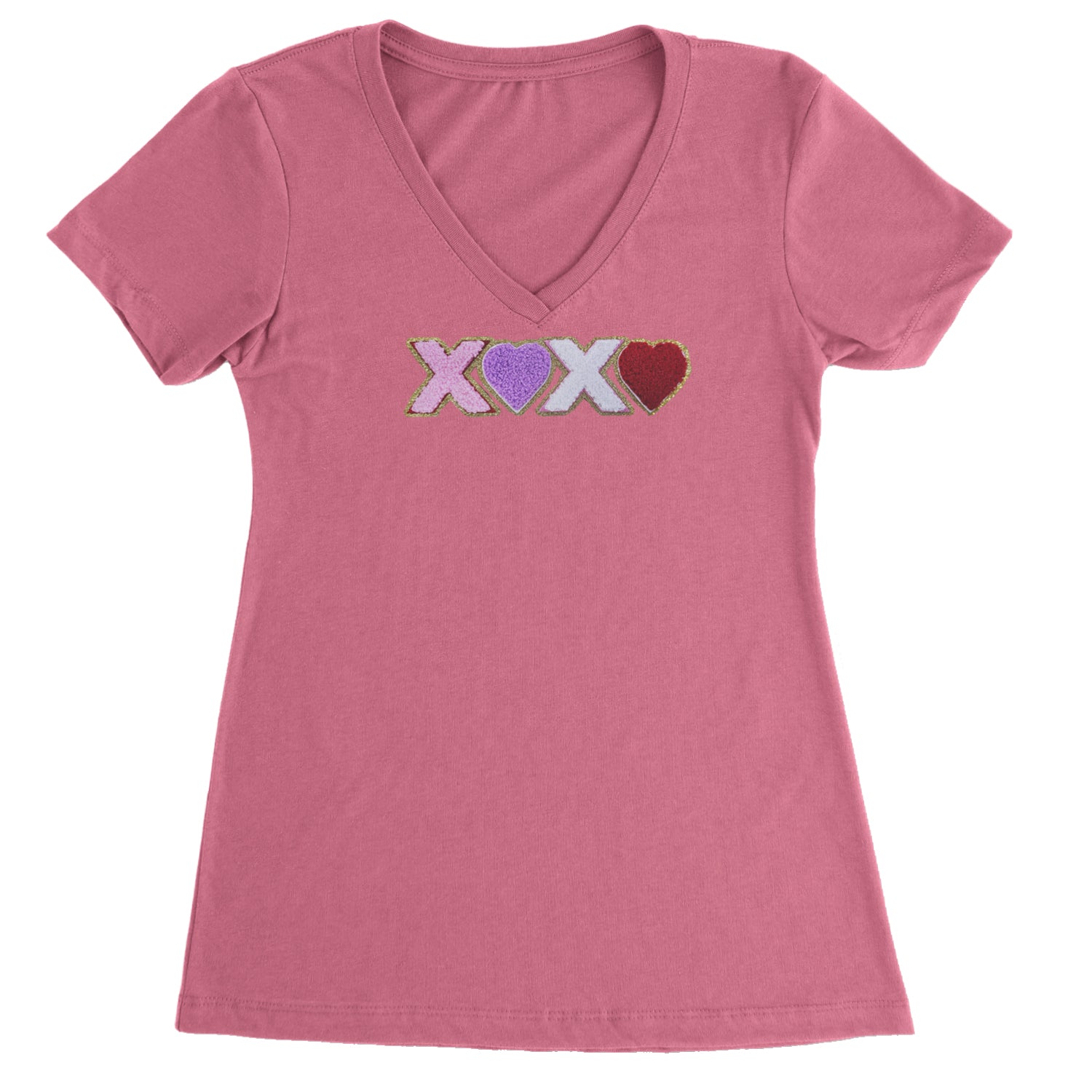 XOXO Chenille Patch Valentines Days Ladies V-Neck T-shirt Hot Pink