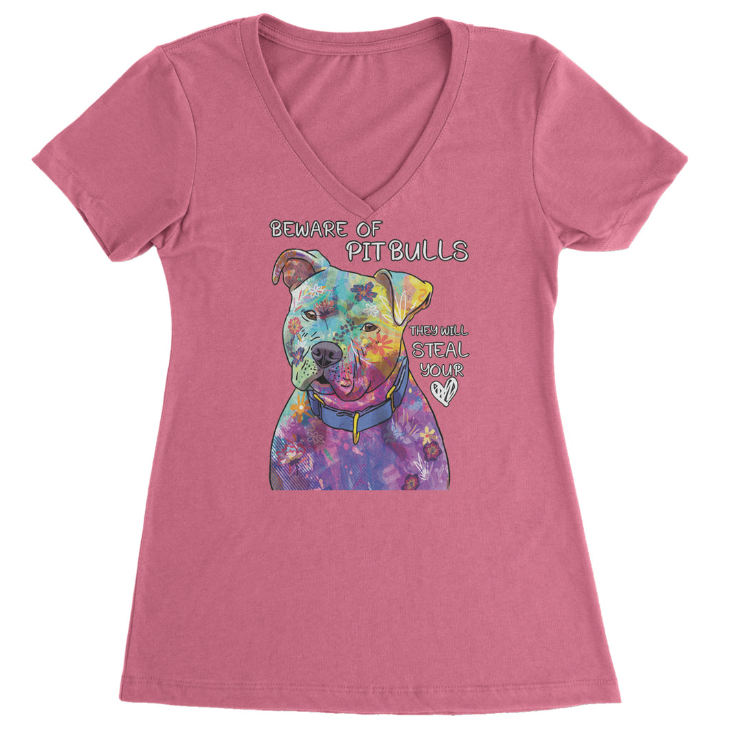 Beware Of Pit Bulls, They Will Steal Your Heart  Ladies V-Neck T-shirt Hot Pink