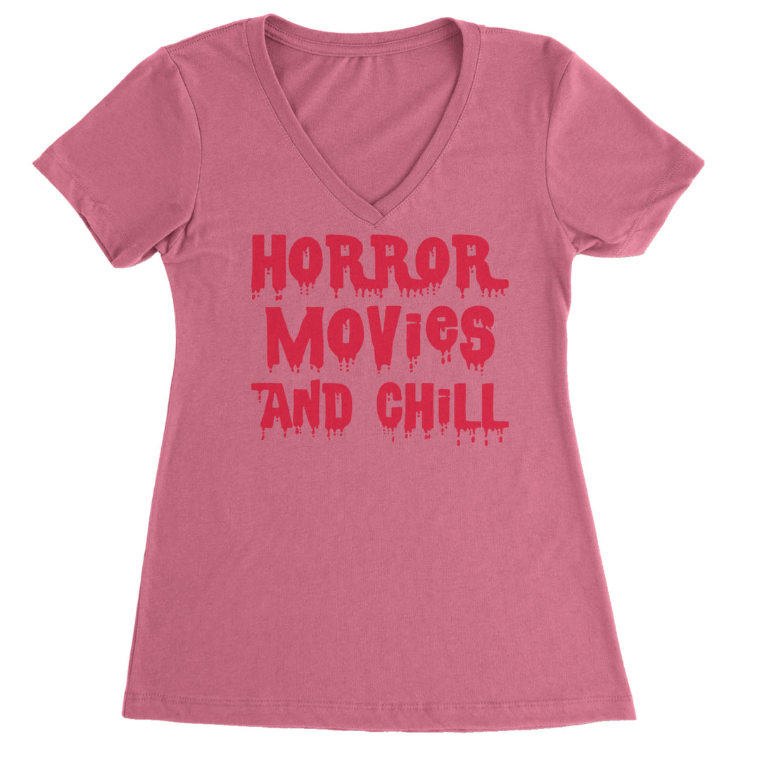 Horror Movies and Chill Ladies V-Neck T-shirt Hot Pink