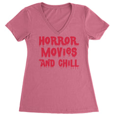 Horror Movies and Chill Ladies V-Neck T-shirt Hot Pink