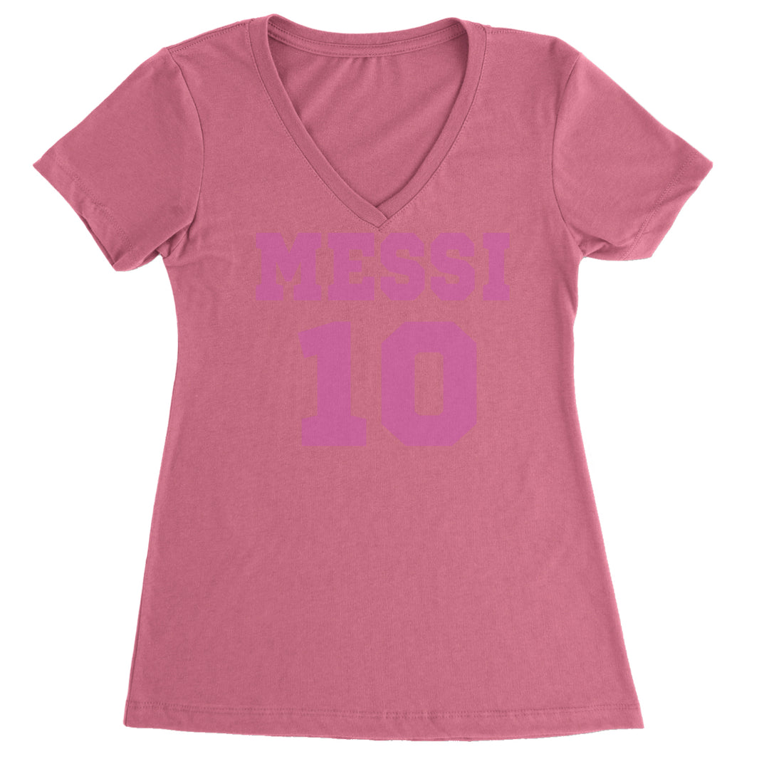 Messi World Soccer Futbol Messiami Ladies V-Neck T-shirt Hot Pink