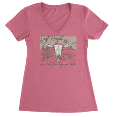 Last Night We Let The Liquor Talk Country Music Western Ladies V-Neck T-shirt Hot Pink