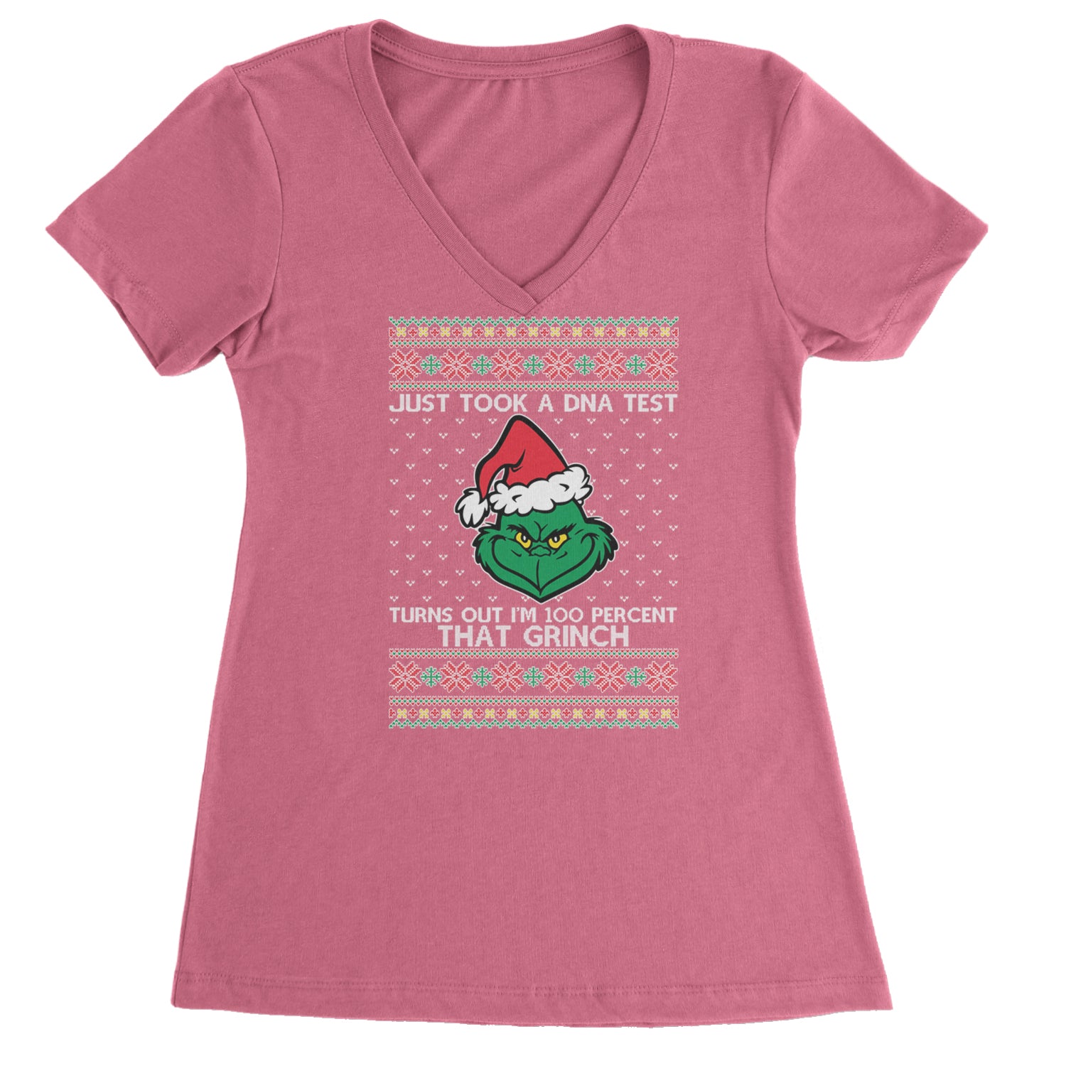 One Hundred Percent That Gr-nch Ugly Christmas Ladies V-Neck T-shirt Hot Pink