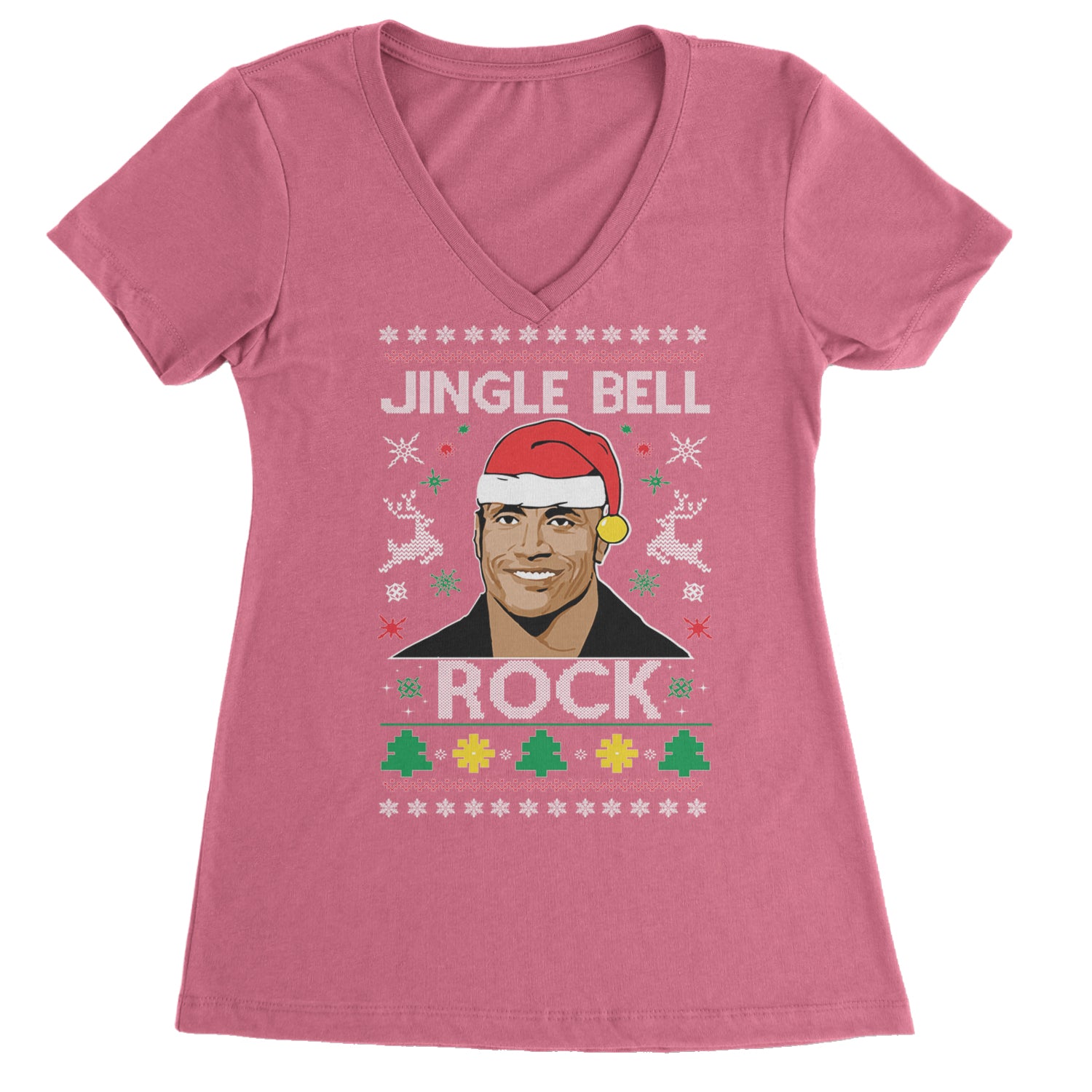 Jingle Bell Rock Ugly Christmas Ladies V-Neck T-shirt Hot Pink