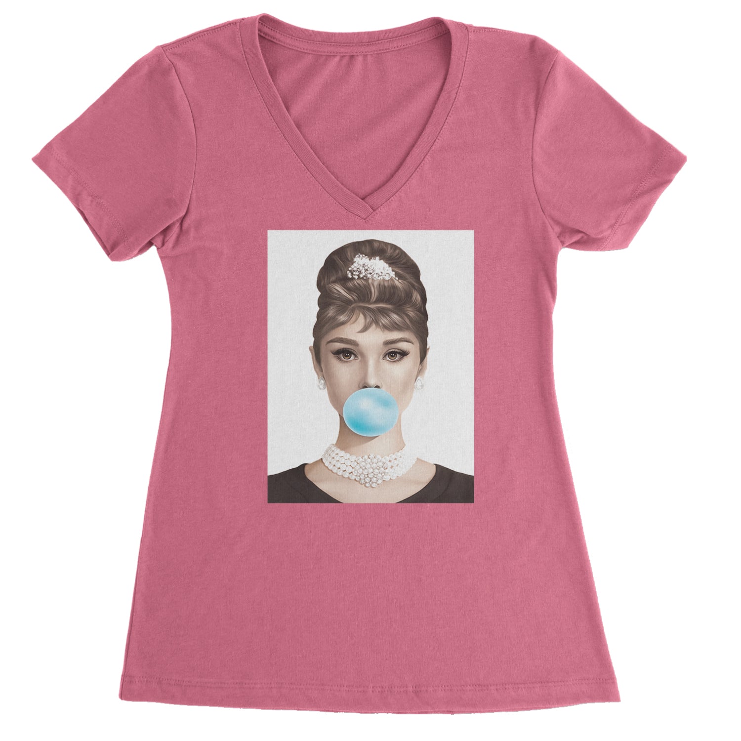 Audrey Hepburn Chewing Bubble Gum American Icon Ladies V-Neck T-shirt Hot Pink