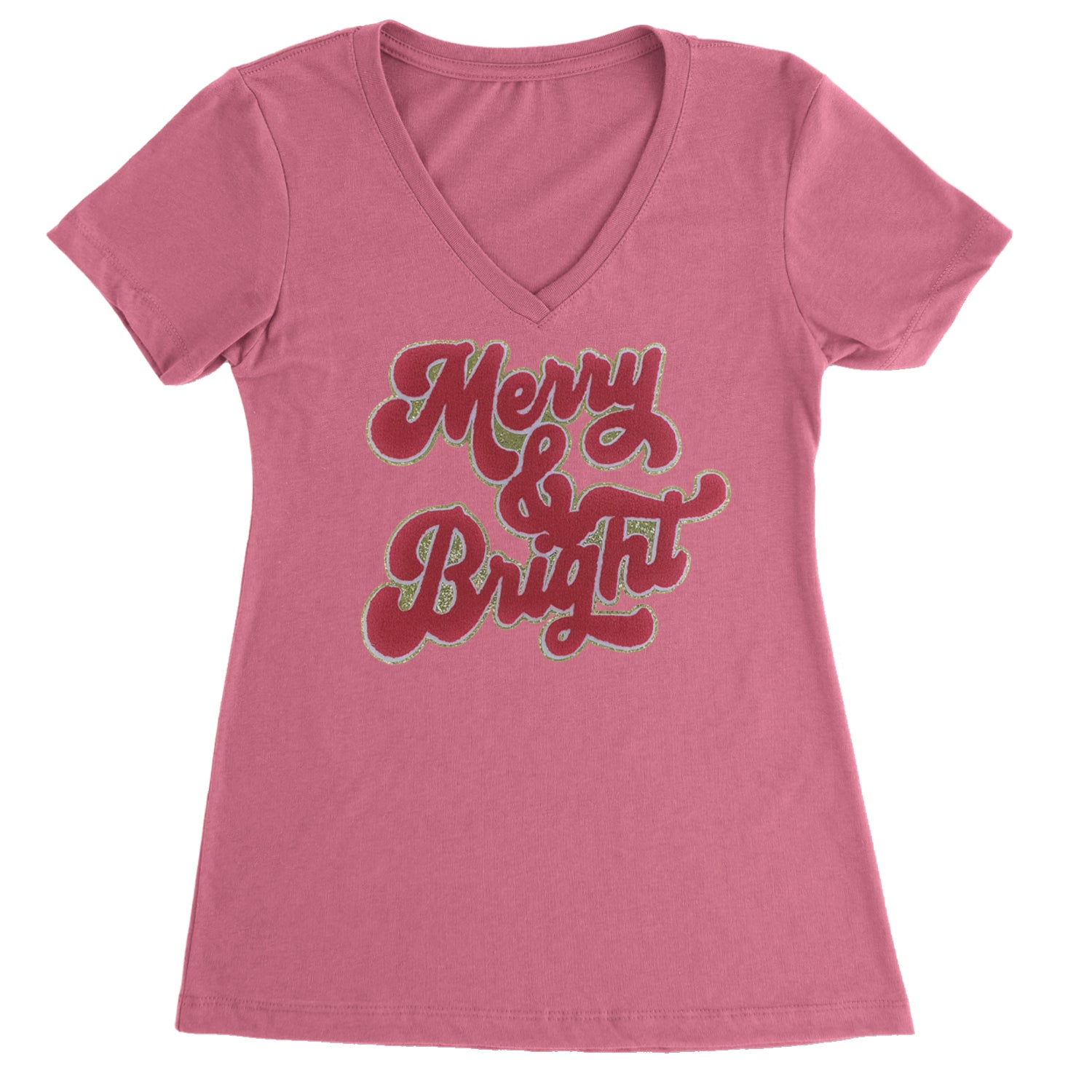 Merry & Bright Chenille Glitter Ladies V-Neck T-shirt Hot Pink