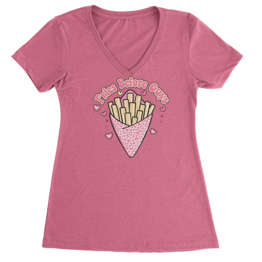 Fries Before Guys Ladies V-Neck T-shirt Hot Pink