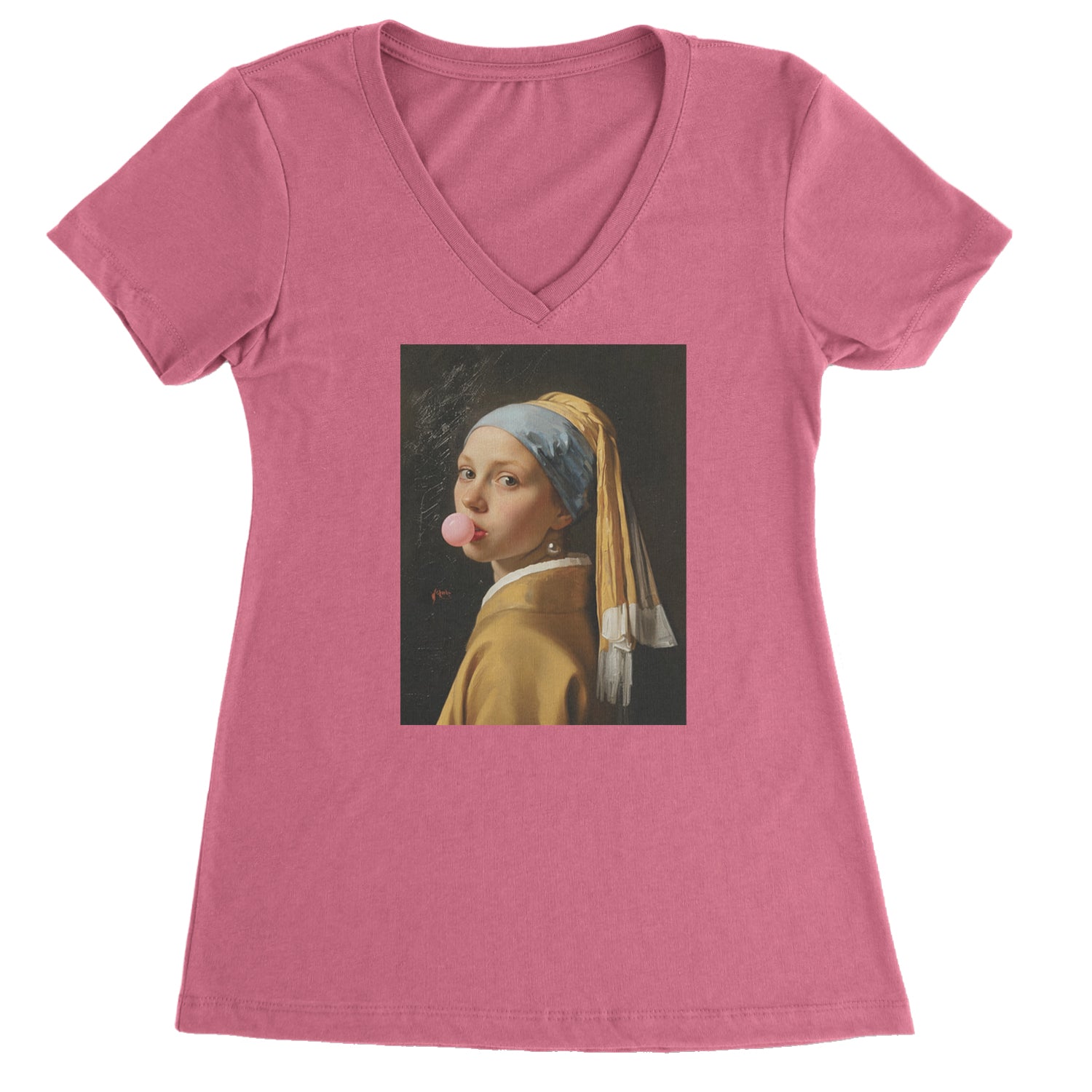 Girl with a Pearl Earring Bubble Gum Contemporary Art Ladies V-Neck T-shirt Hot Pink