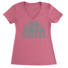 Dallas Texas Skyline Ladies V-Neck T-shirt Hot Pink