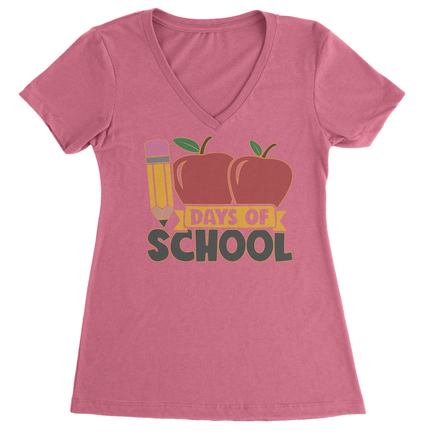 100 Days Of School Apple Pencil Ladies V-Neck T-shirt Hot Pink