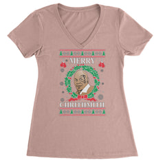 Funny ugly-sweater style Christmas pun with boxer portrait, gloves, wreath, trees and snowflakes on a Women's Lightweight V-Neck T-Shirt
