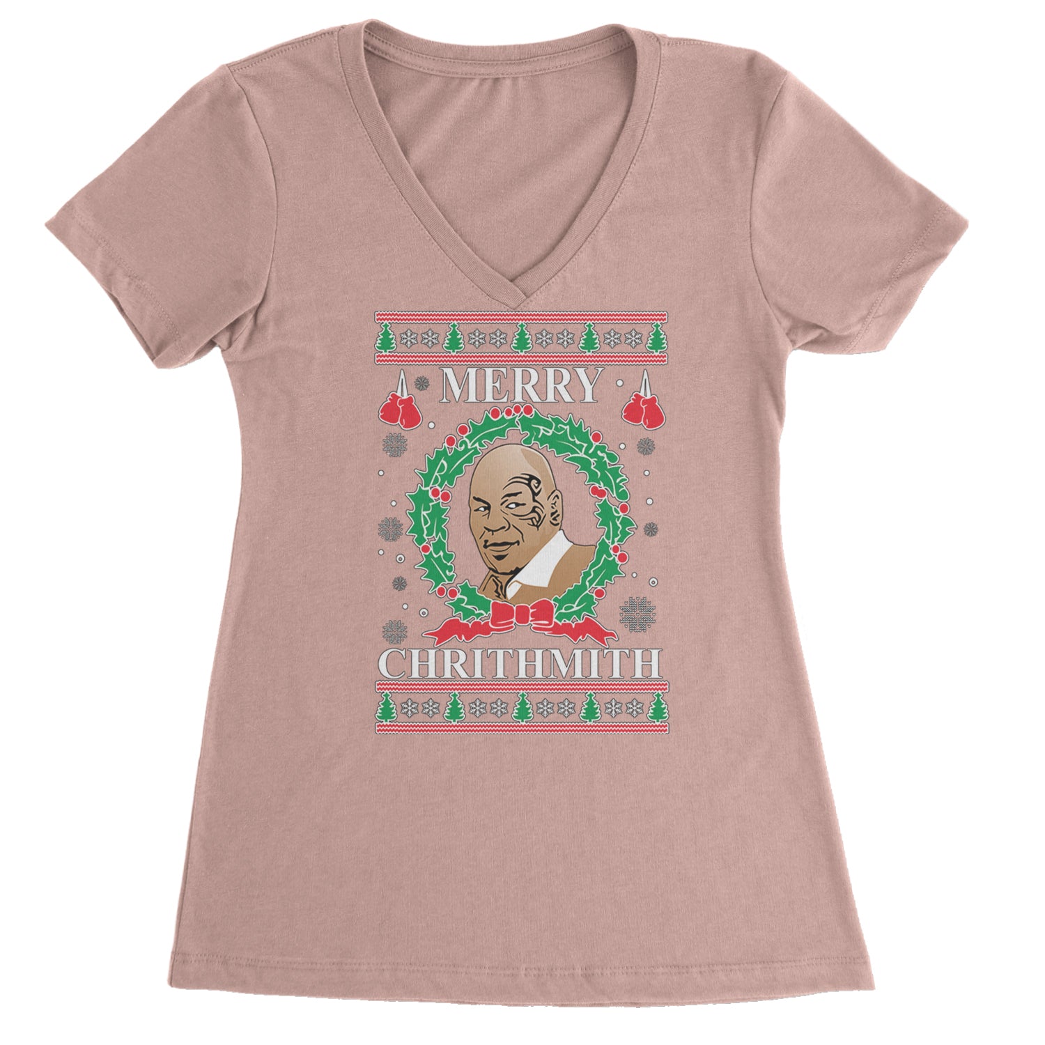 Merry Chrithmith Ugly Christmas Ladies V-Neck T-shirt Light Pink