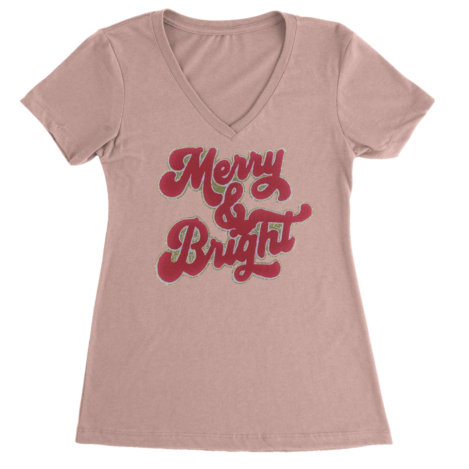 Merry & Bright Chenille Glitter Ladies V-Neck T-shirt Light Pink