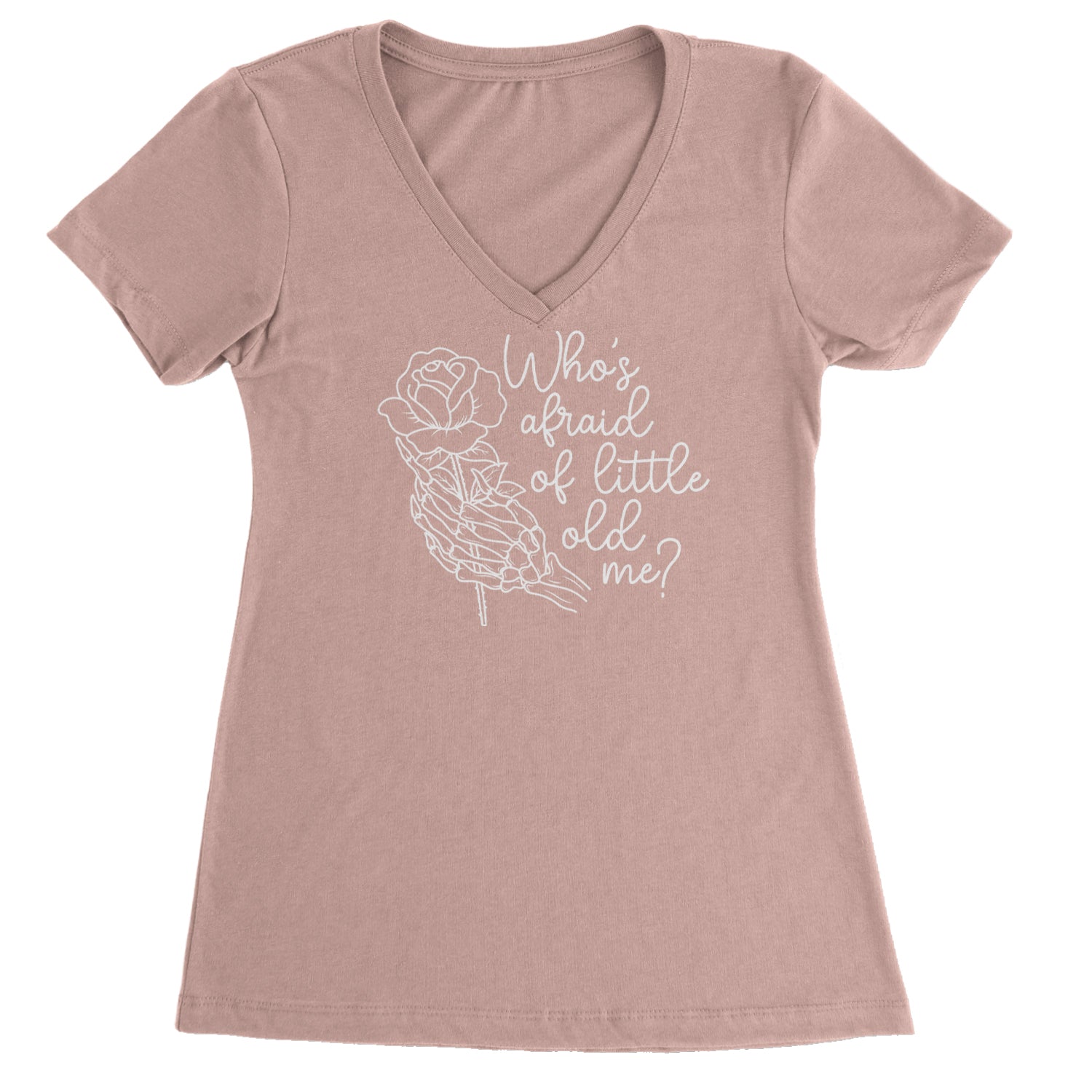 Who's Afraid Of Little Old Me Rose Skeleton Hand Ladies V-Neck T-shirt Light Pink