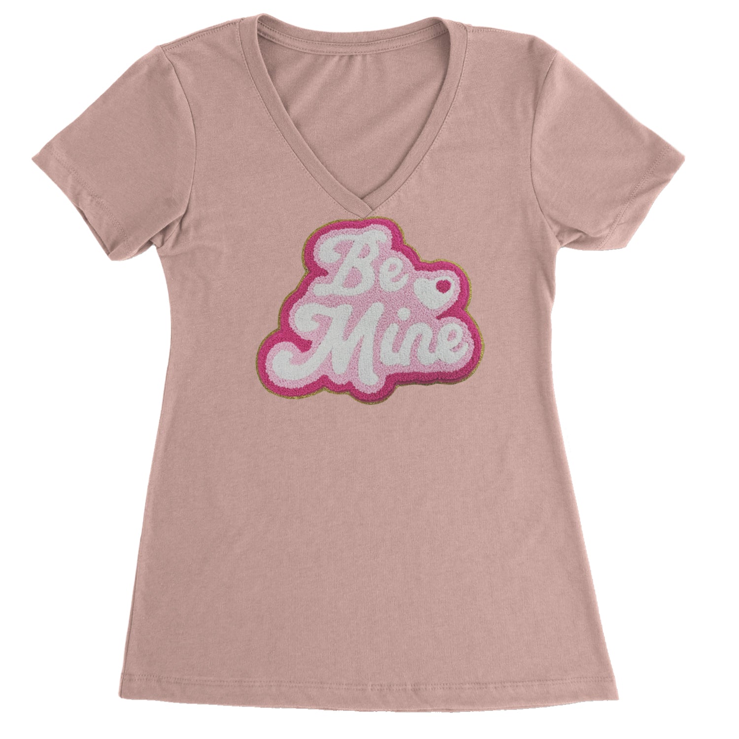 Be Mine Chenille Patch Valentines Days Ladies V-Neck T-shirt Light Pink