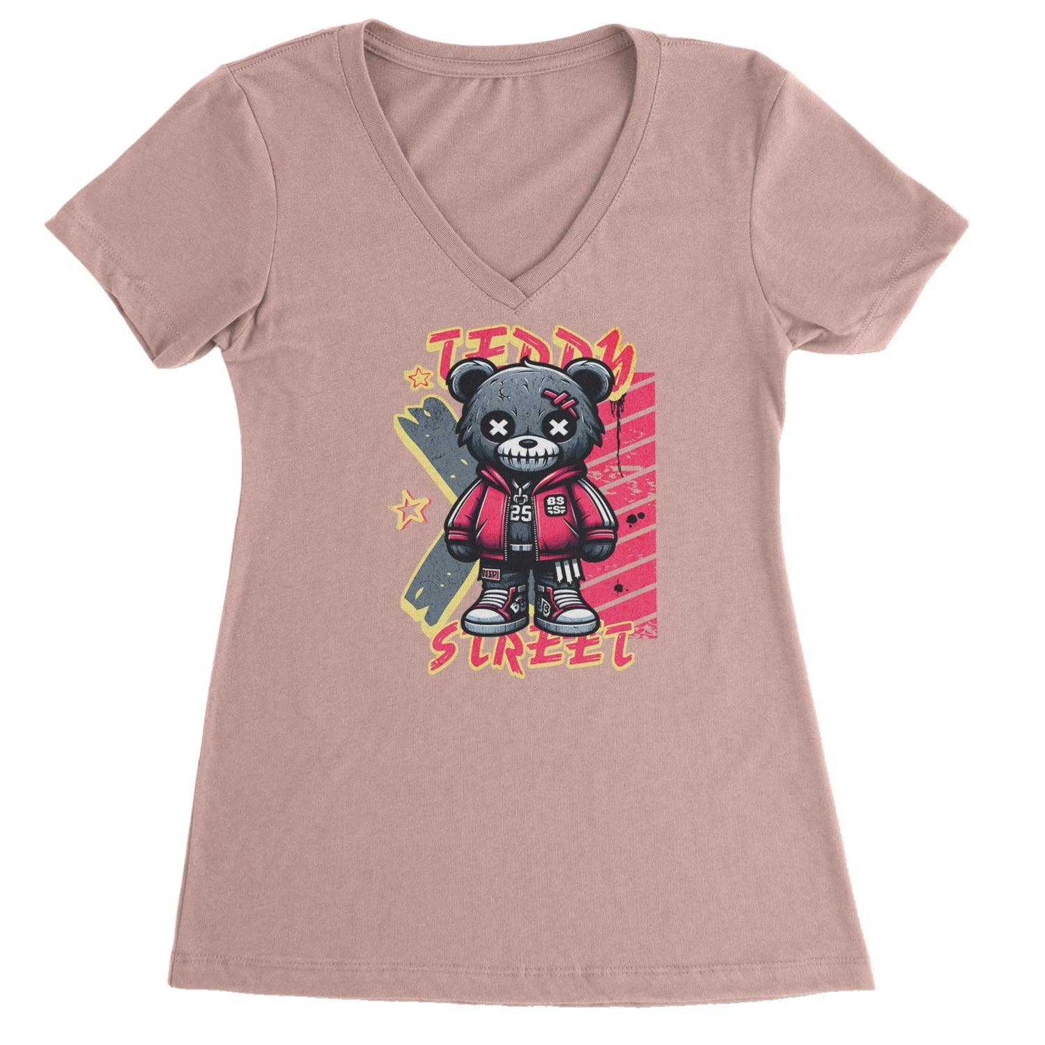 Teddy Attitude Urban Graffiti Bear Ladies V-Neck T-shirt Light Pink