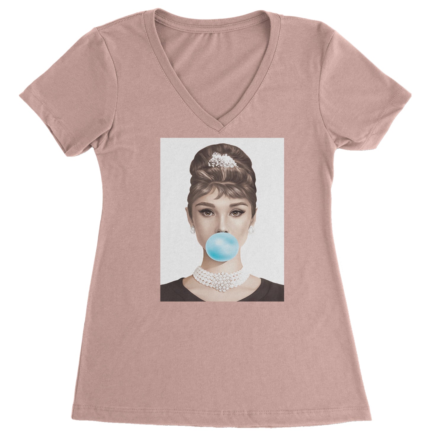 Audrey Hepburn Chewing Bubble Gum American Icon Ladies V-Neck T-shirt Light Pink