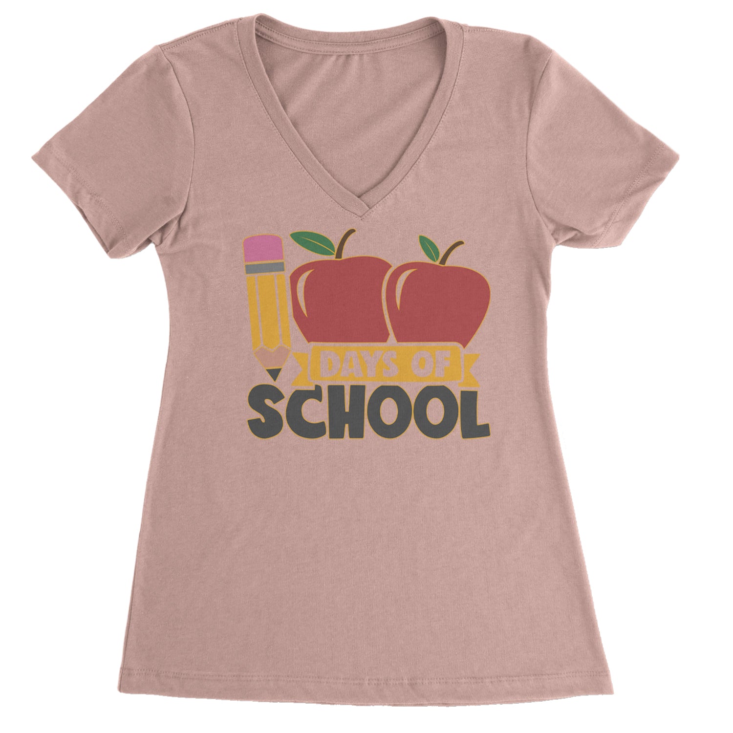 100 Days Of School Apple Pencil Ladies V-Neck T-shirt Light Pink