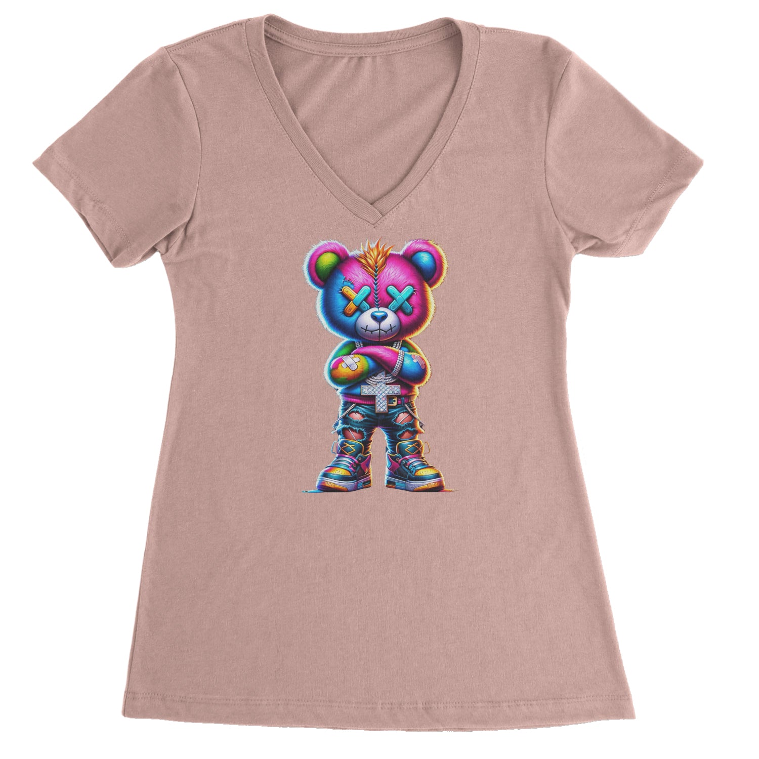 Stitched Neon Urban Graffiti Bear Ladies V-Neck T-shirt Light Pink