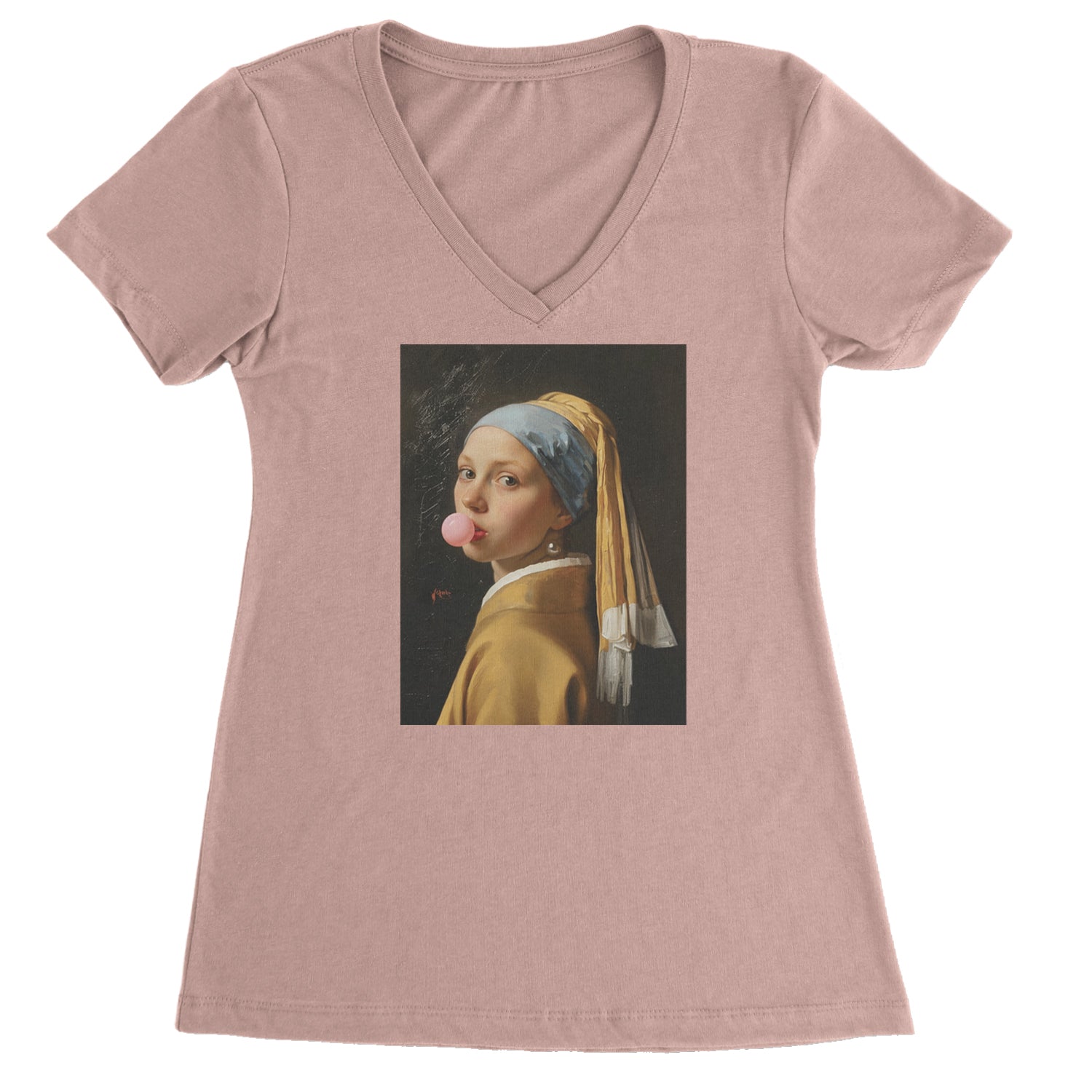 Girl with a Pearl Earring Bubble Gum Contemporary Art Ladies V-Neck T-shirt Light Pink