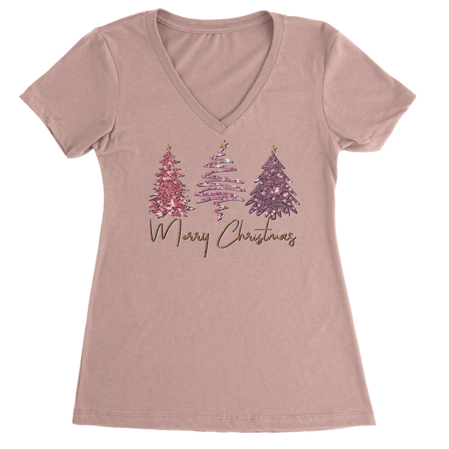 Merry Christmas Faux Glitter Trees Ladies V-Neck T-shirt Light Pink