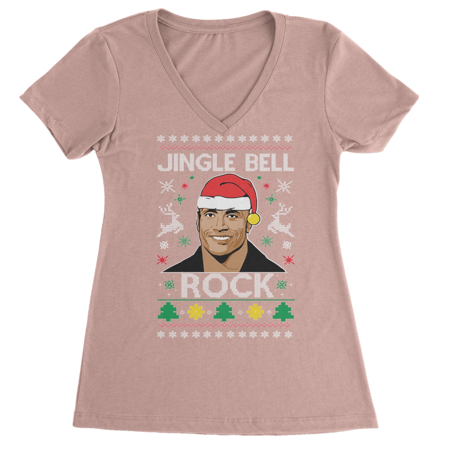 Jingle Bell Rock Ugly Christmas Ladies V-Neck T-shirt Light Pink