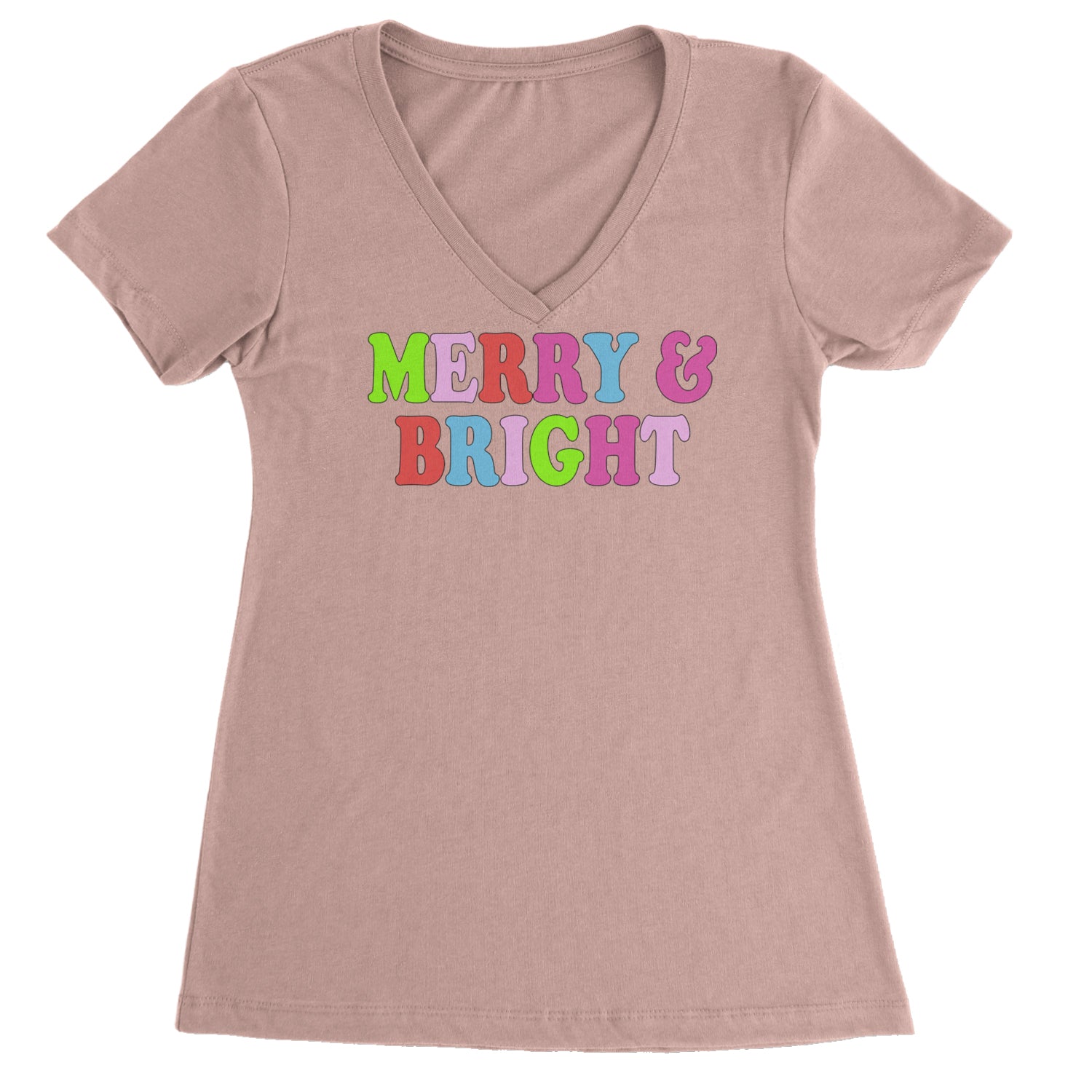 Merry and Bright Festive Christmas Holiday Ladies V-Neck T-shirt Light Pink