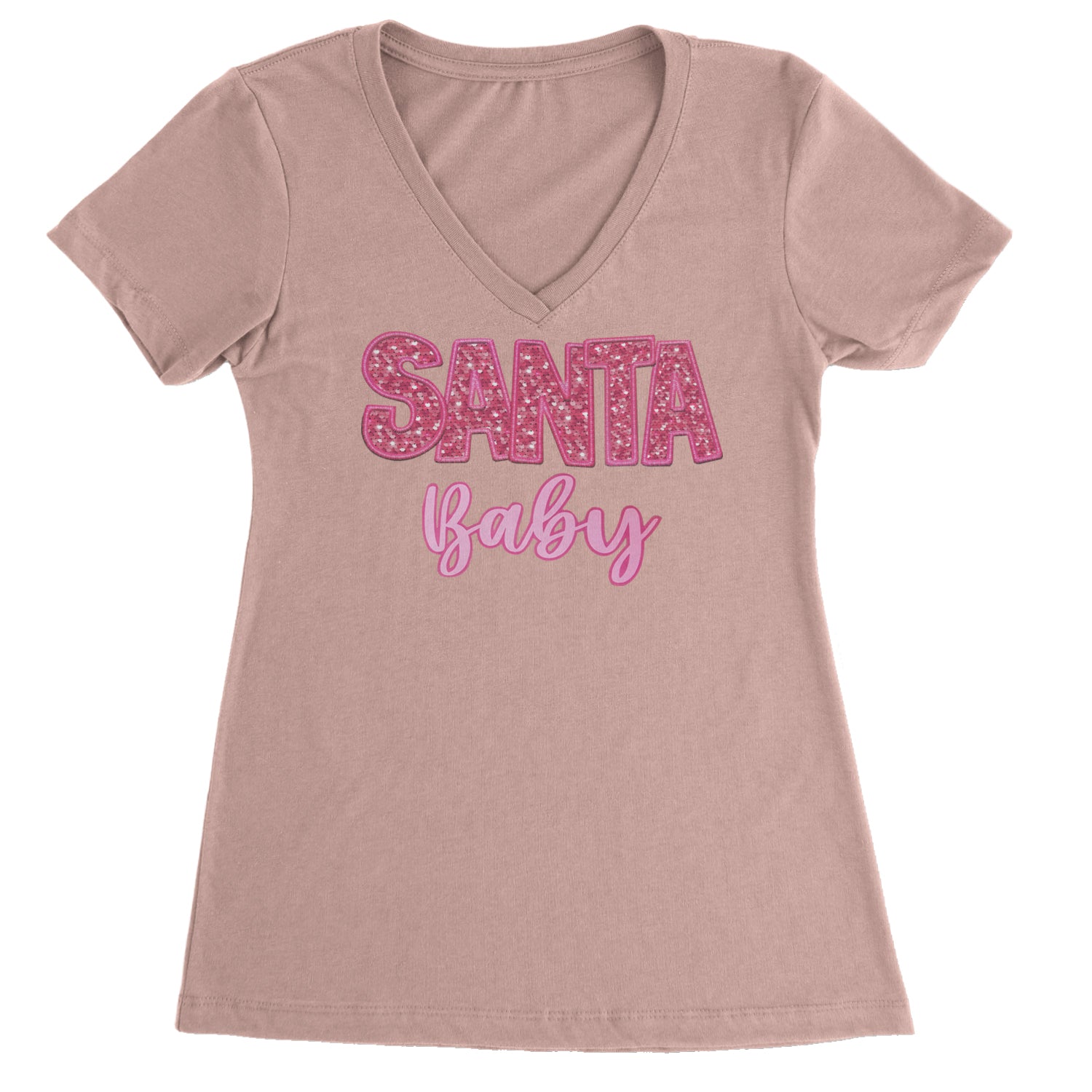 Santa Baby Faux Patch and Sequins Ladies V-Neck T-shirt Light Pink