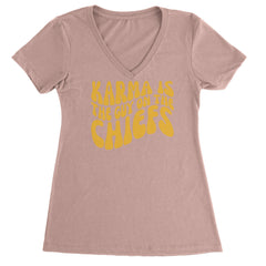 Karma Is The Guy On The Chiefs Boyfriend Ladies V-Neck T-shirt Light Pink