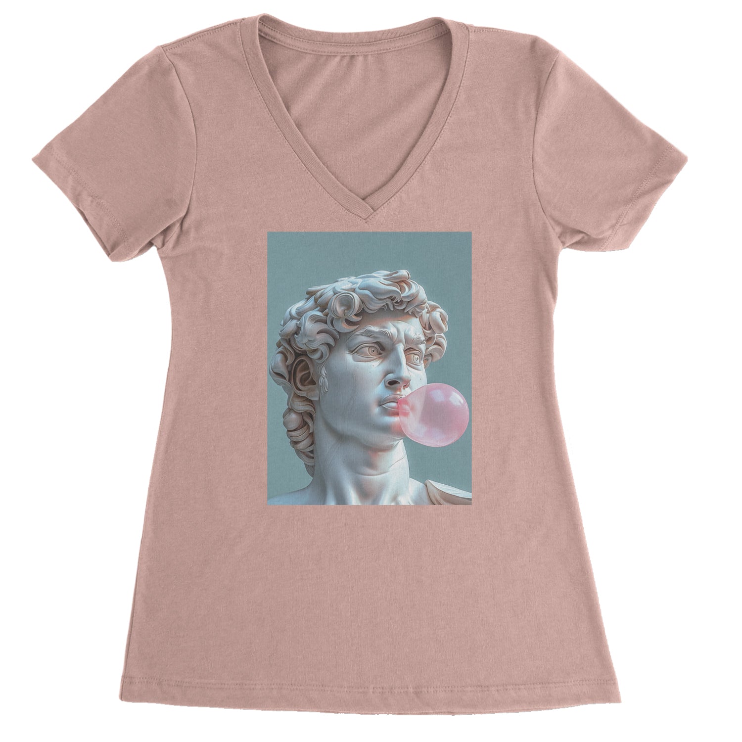 Michelangelo's David with Bubble Gum Contemporary Statue Art Ladies V-Neck T-shirt Light Pink