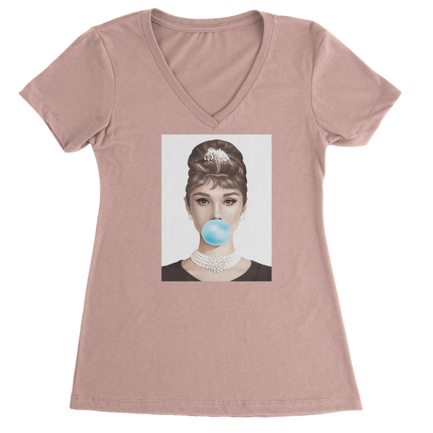 Audrey Hepburn Chewing Bubble Gum American Icon Ladies V-Neck T-shirt Light Pink