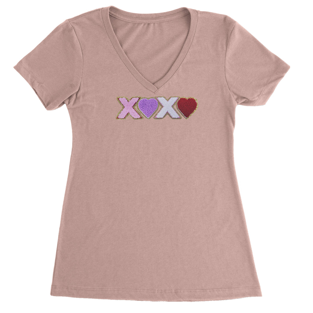 XOXO Chenille Patch Valentines Days Ladies V-Neck T-shirt Light Pink