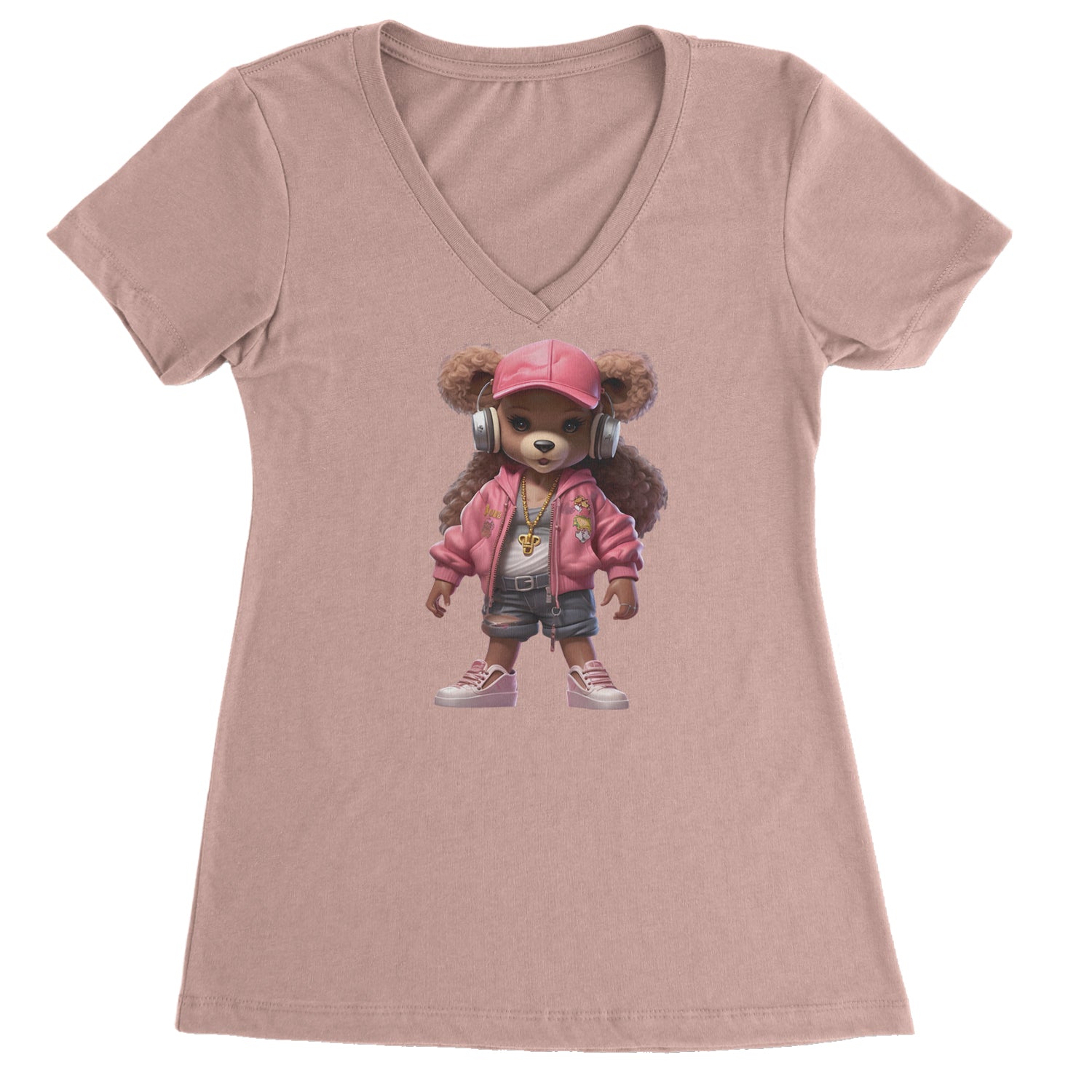 Pink Female Urban Graffiti Bear Ladies V-Neck T-shirt Light Pink