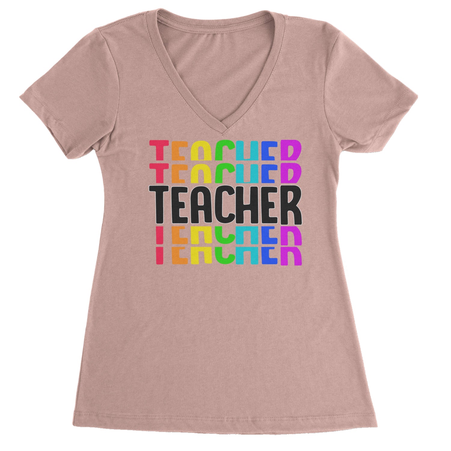 Teacher Repeated Rainbow Pattern Ladies V-Neck T-shirt Light Pink