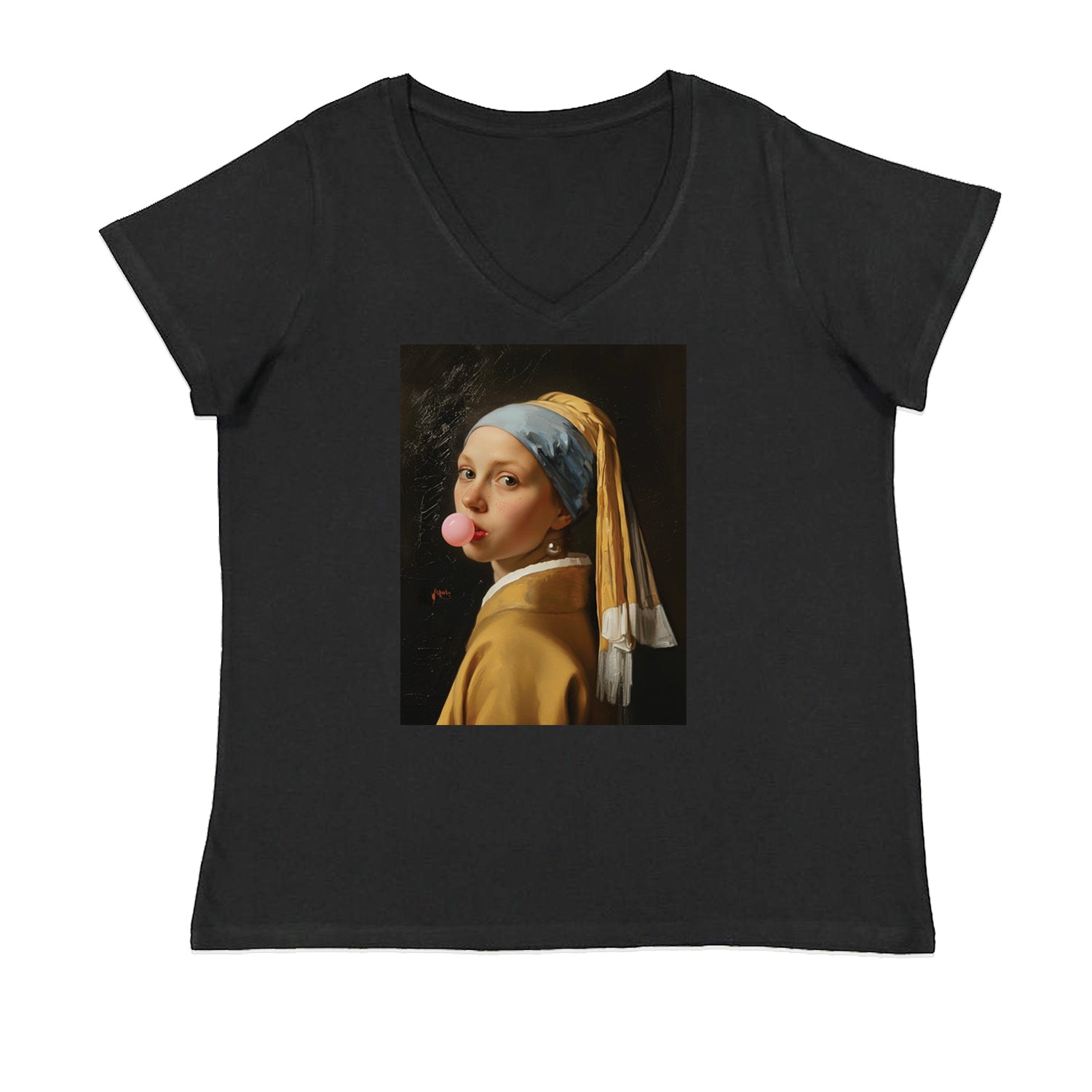 Girl with a Pearl Earring Bubble Gum Contemporary Art Ladies V-Neck T-shirt Black